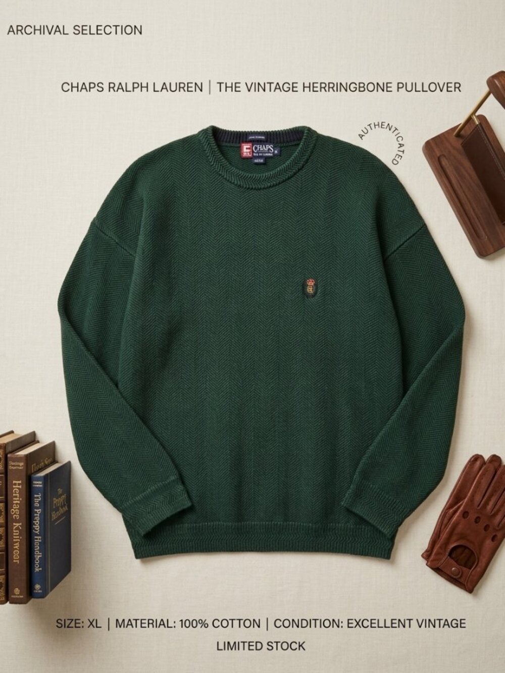 Chaps Ralph Lauren VTG 90's Men's Cotton Knit Sweater Herringbone Green XL